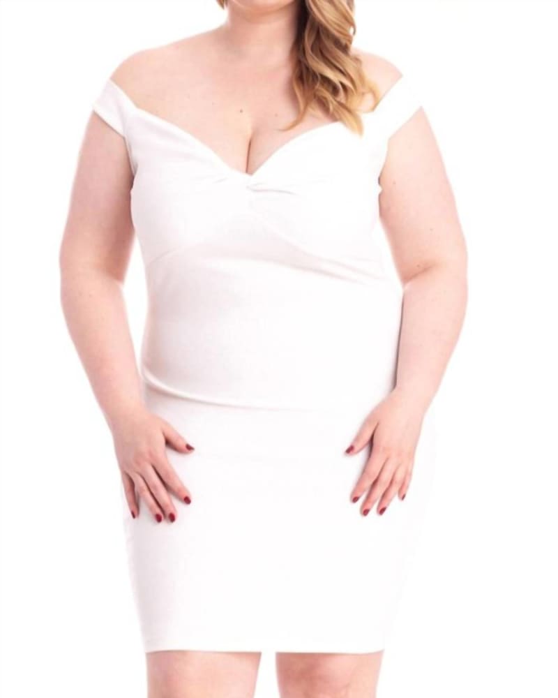 Front of a model wearing a size XXL Off The Shoulder Mini Dress in White/Silver in White/Silver by Symphony. | dia_product_style_image_id:336113